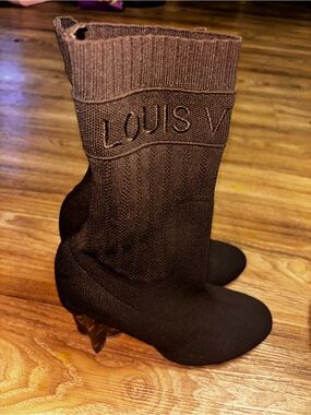 Louis Vuitton Black Knit Sock Boots with Monogram Block Heel